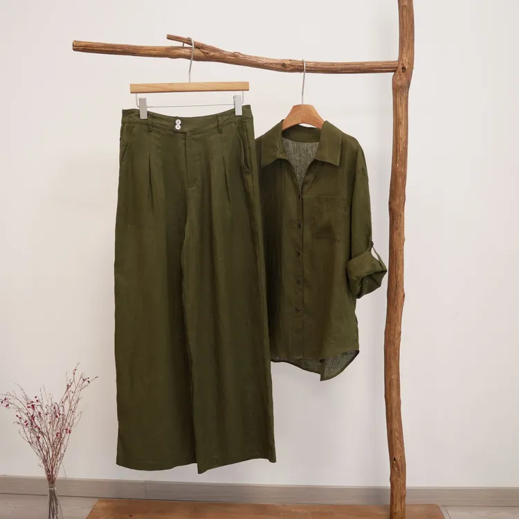 初秋21支100%亚麻老钱风法式长袖女装禅意仙气飘飘衬衫裤子套装