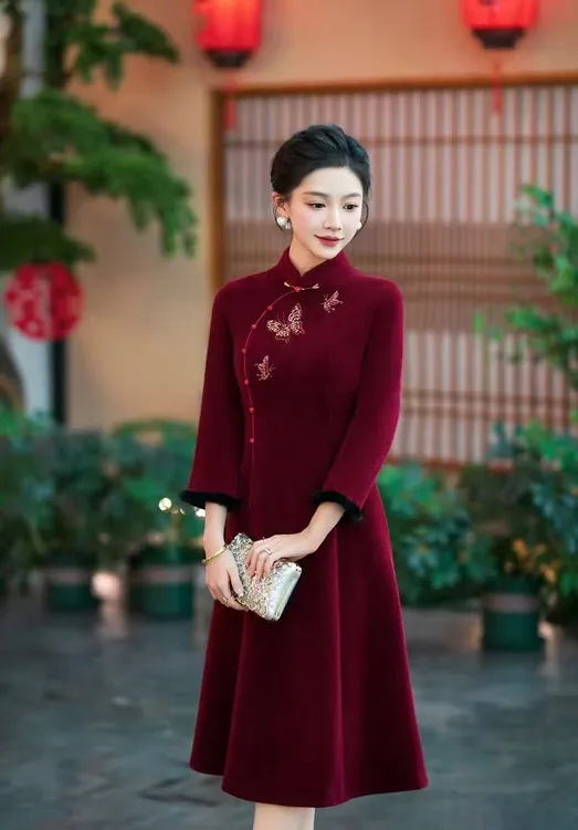 【子孙满堂】中国风冬季红色喜庆烫钻旗袍裙气质修身显瘦复古中长款