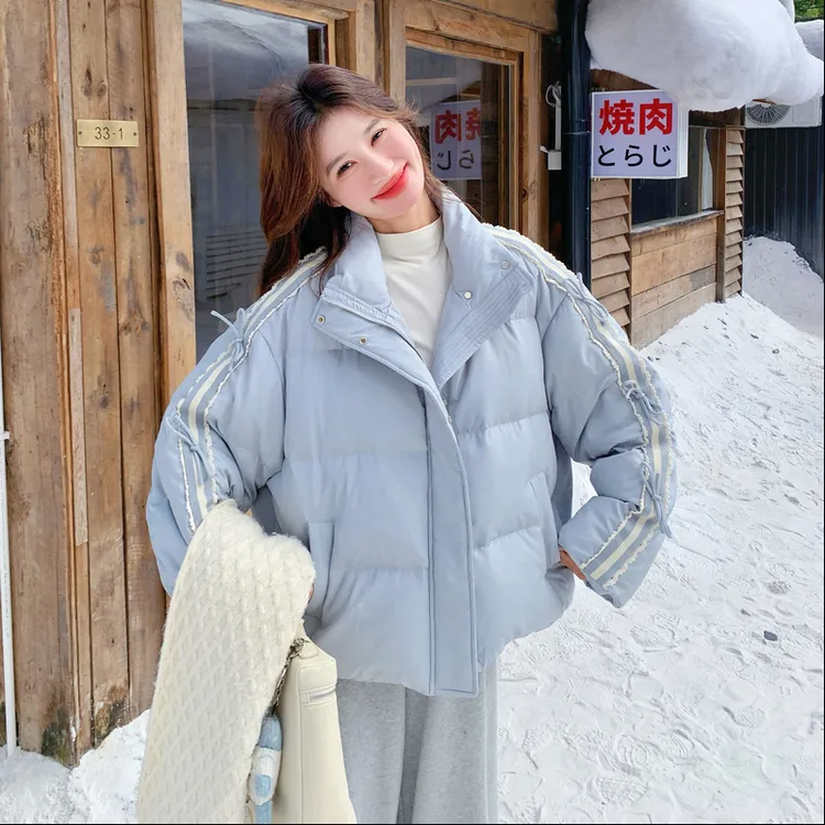蓝色减龄时尚拼接撞色立领90绒羽绒服女冬季2025新款韩系短款厚实