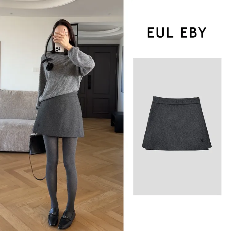 EUL EBY羊毛呢冬裙厚款短裙两侧开叉遮肚显瘦半身裙短裤裙251550#