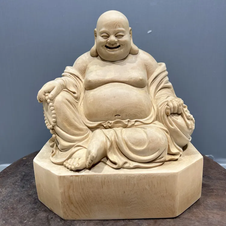加拿大桧木木雕手工陶瓷大肚弥勒佛像客厅观音实木摆件供奉装饰品