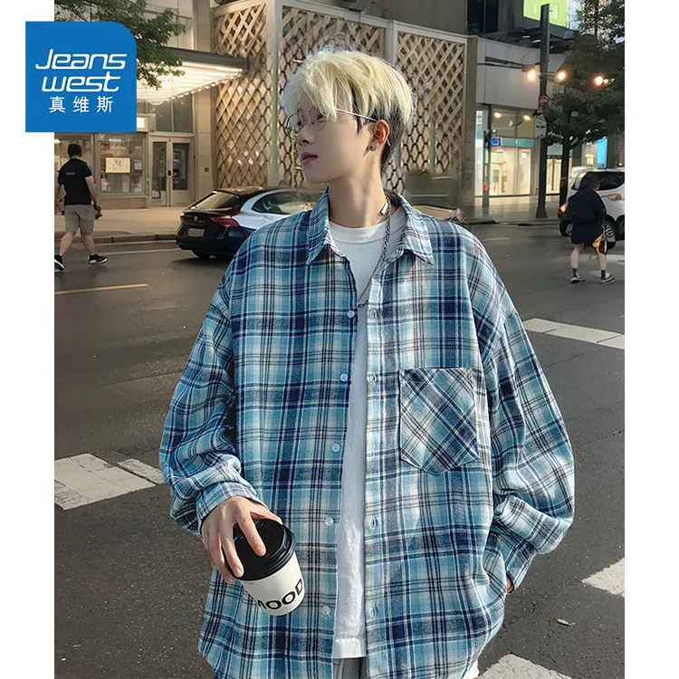 Jeanswest/真维斯春夏潮牌舒适翻领衬衫男士宽松百搭格子痞帅外套