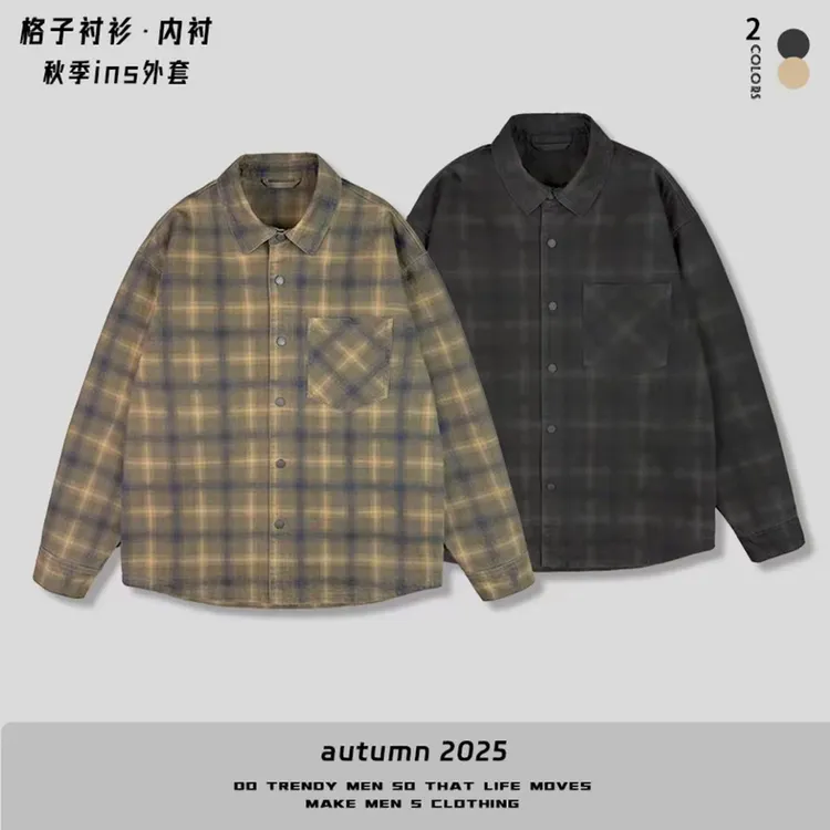 【峰秋季新品休闲简约格子衬衫翻领外套】百搭复古格子衫外套