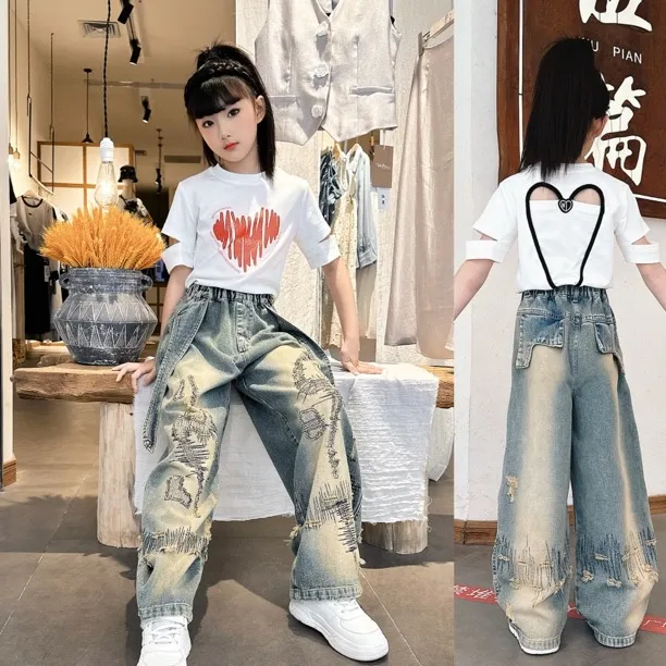 女童裤子2025新款中大童儿童夏季短袖T恤牛仔裤休闲弯刀裤两件套