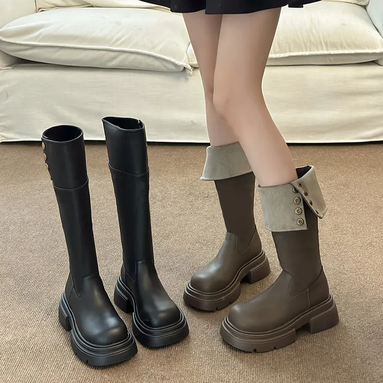 不过膝粗腿小个子厚底长筒靴女2025新款秋季粗跟复古显瘦骑士靴子