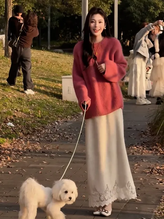 秋冬法式慵懒松弛感气质女神范富家千金小香风粉色圆领毛衣上衣潮