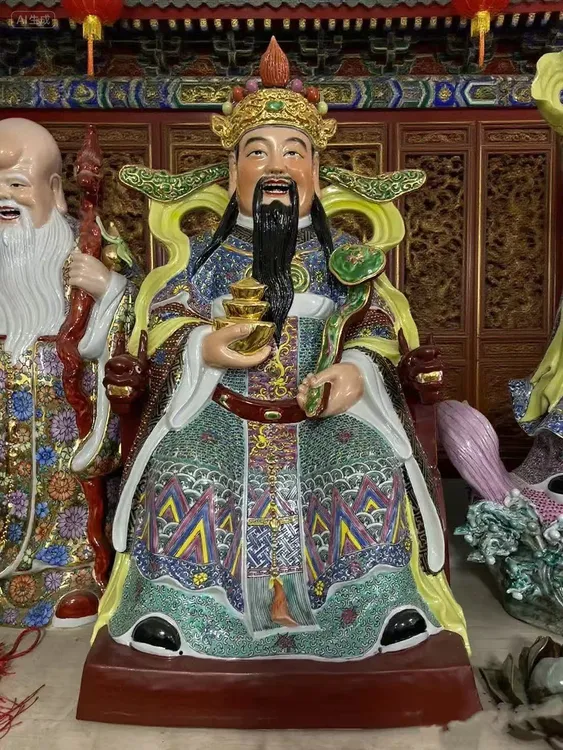 文财神景德镇雕塑瓷红衣描金如意托宝财神爷中式公司酒店招财摆件