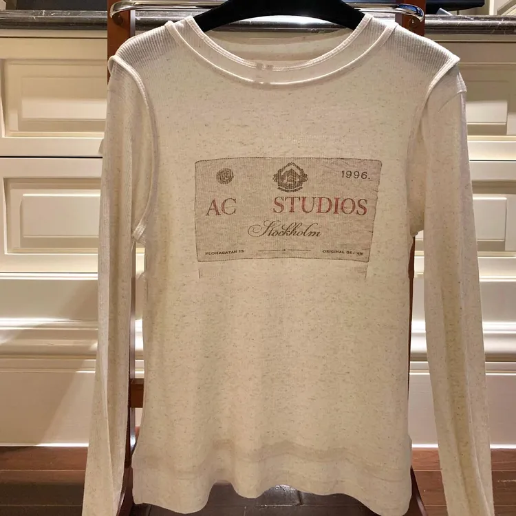 1/6 高版本）早春线潮北欧小众复古纸币印花假两件修身打底上衣