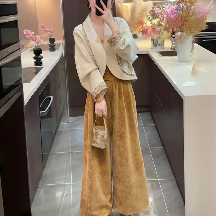 【现货旗舰版】秋季新款中式设计款茧型提花刺绣外套阔腿裤套装