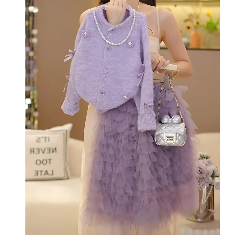 女童秋冬针织开衫毛衣套装洋气韩范紫色半身裙套装儿童2025新款秋