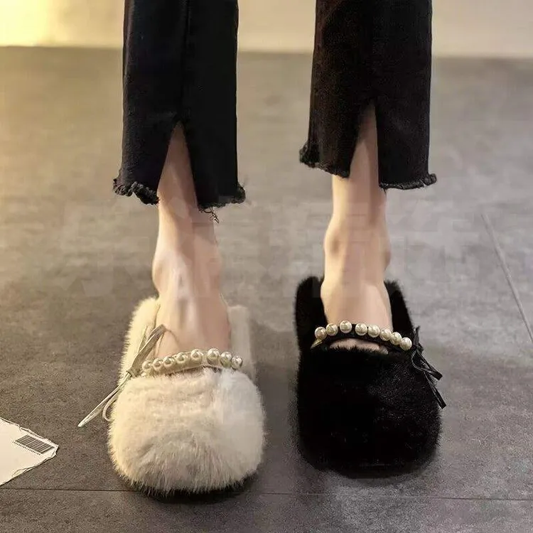 毛毛鞋秋冬爆款仙女风珍珠女豆豆鞋平底一脚蹬加绒保暖外穿奶奶鞋