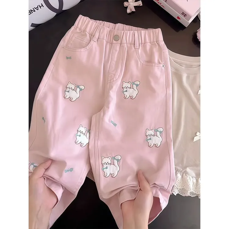 辰baby女童裤子夏2025新款洋气儿童卡通刺绣女孩百搭夏装直筒透气