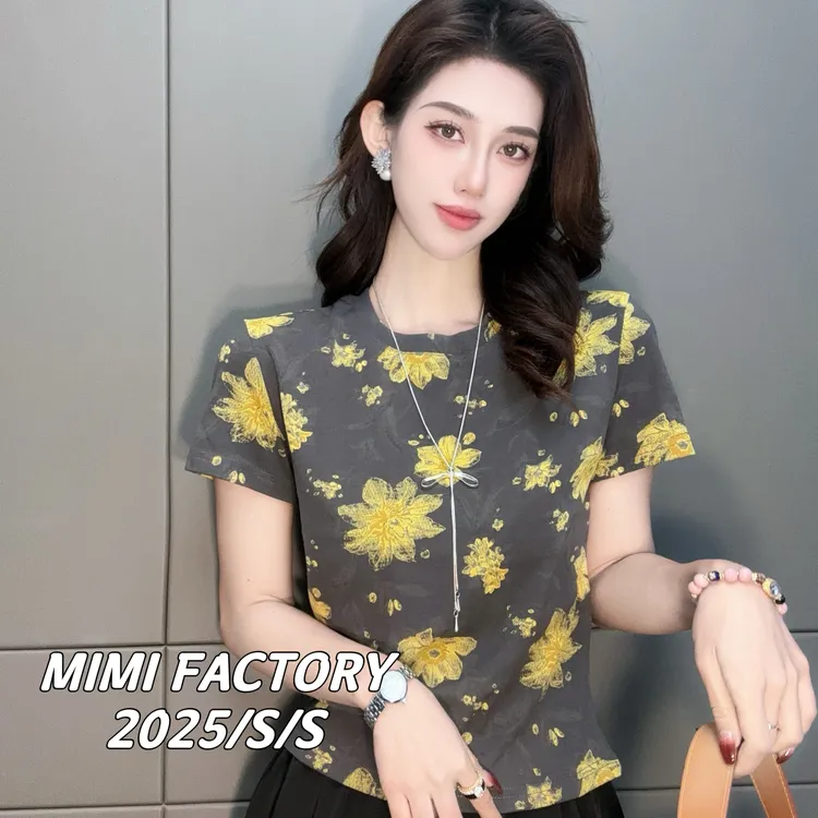 -2025夏季新款 欧货满印花朵短袖T恤女修身显瘦时尚百搭#5172