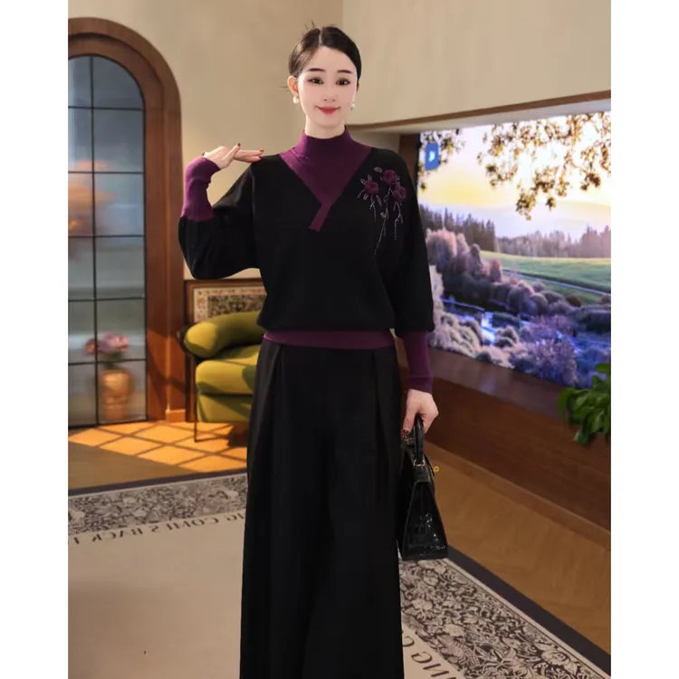 2025秋冬新款【ZM-1022PY】含绵羊毛宽松假两件拼接紫色针织衫毛衣