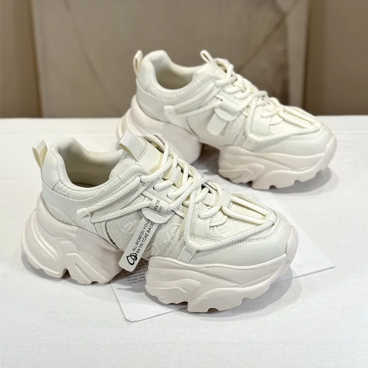 真皮韩版小蛮腰厚底老爹鞋女2025新款秋季松糕系带百搭休闲运动鞋