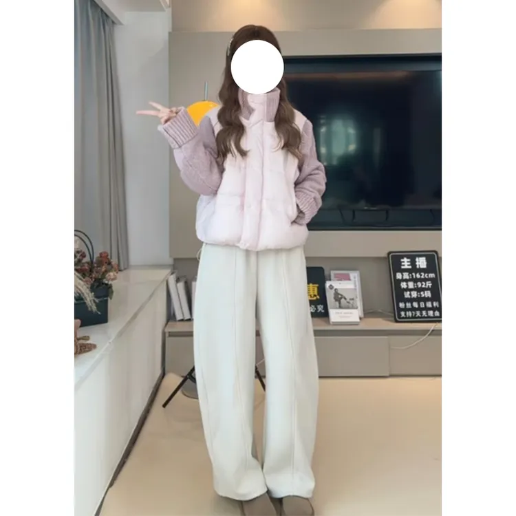 韩系甜美温柔风针织拼接立领短外套秋冬大码胖MM加厚保暖时尚棉衣