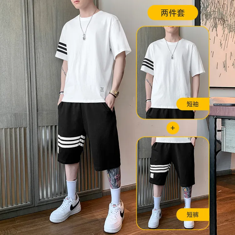 V/雅鹿新款纯棉夏季男士宽松运动套装套头圆领短袖短裤套装两件装