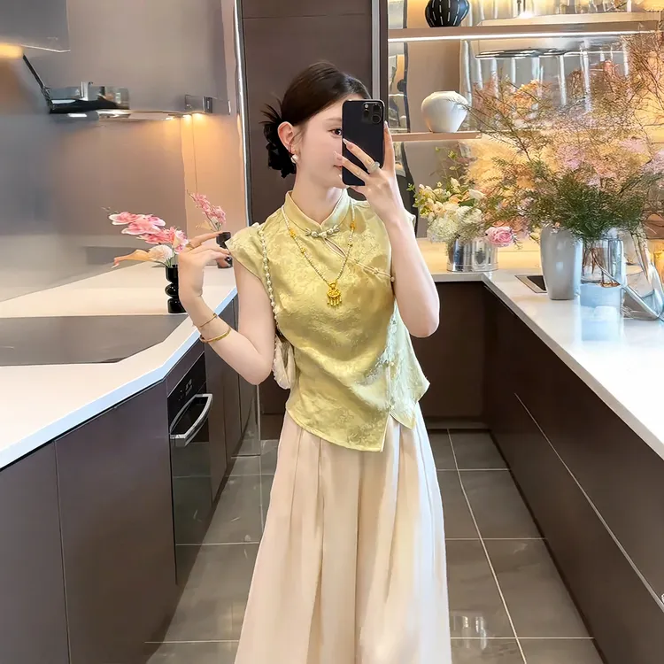 A428+C306夏季缎面提花气质收腰显瘦上衣高腰阔腿长裤子两件套