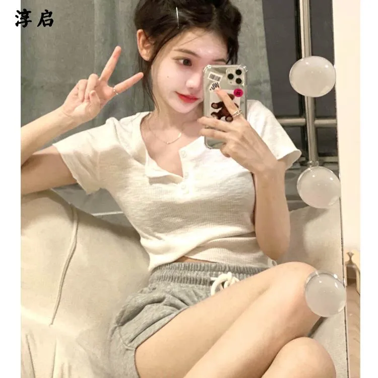 淳启时尚休闲纯欲风性感女士夏季短袖修身小个子心机微透纽扣上衣