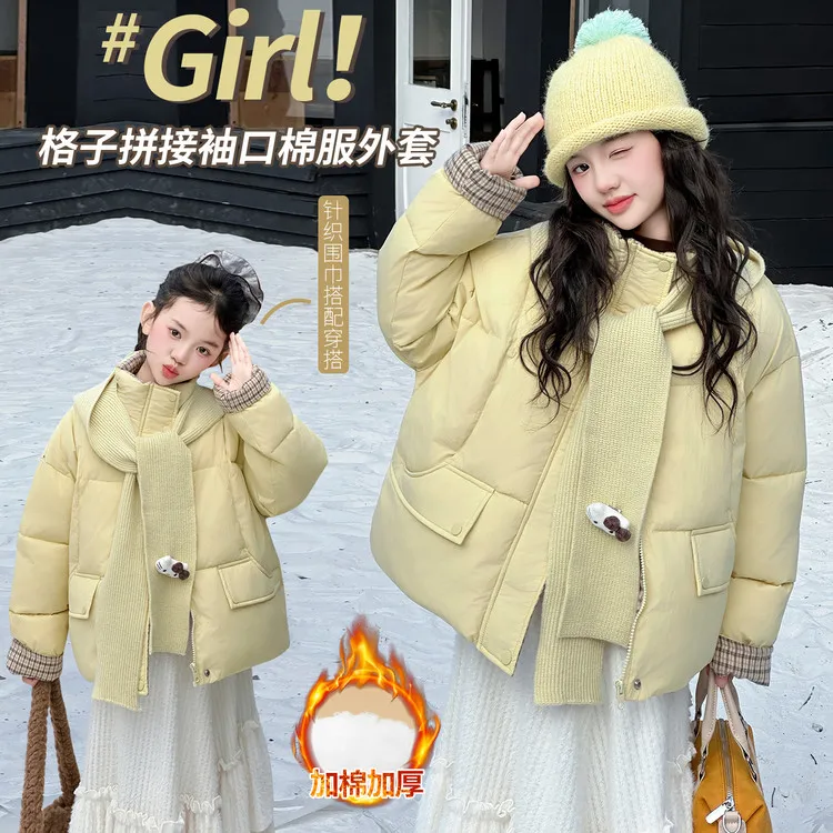 【丫丫童装】2025新款女中大童加棉格纹拼接棉衣送围巾加KT猫-L725