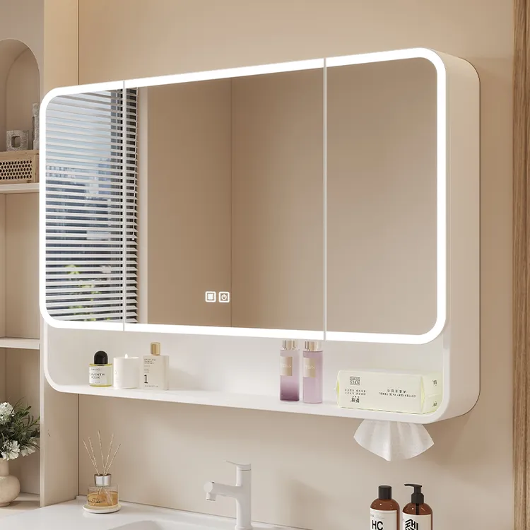 太空铝圆弧智能浴室镜柜铝合金镜箱卫生间挂墙式收纳储物柜带灯镜