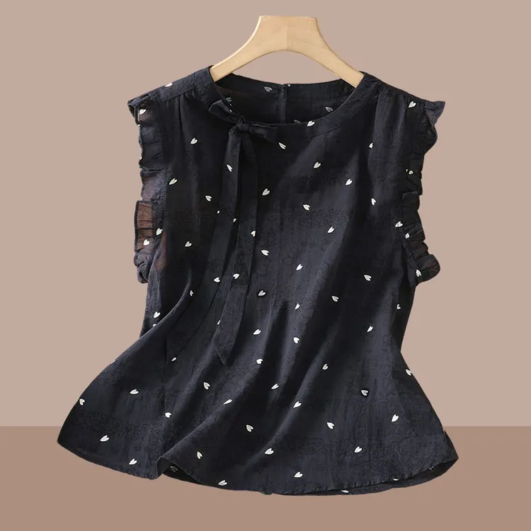 欧货夏季时尚新款洋气时尚爱心印花绑带木耳边无袖背心衬衫上衣女