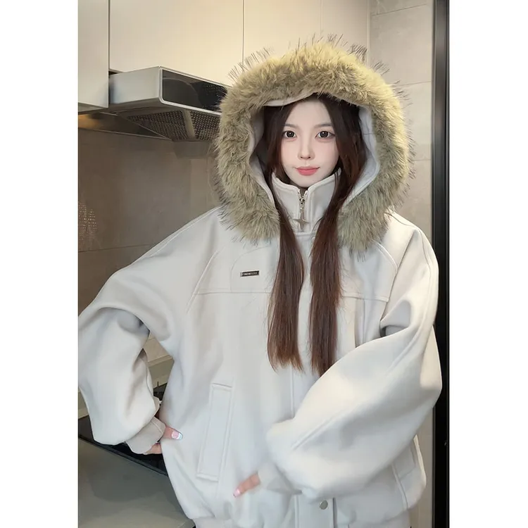 复古座山雕毛茸茸连帽棉服男女休闲毛呢拼接冬棉衣情侣款夹克外套