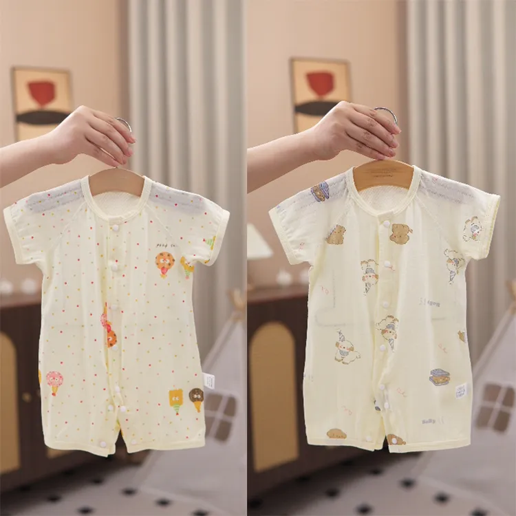婴儿羽纱棉短袖连体夏季薄款男女宝宝后背网眼哈衣新生儿爬服睡衣