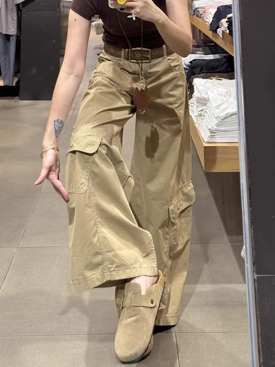 秋款咖色阔腿裤女大码衣服高腰胖妹妹显瘦休闲裤复古