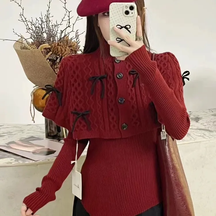 高级感毛衣女新款洋气披肩针织时尚百搭两件套W1-34