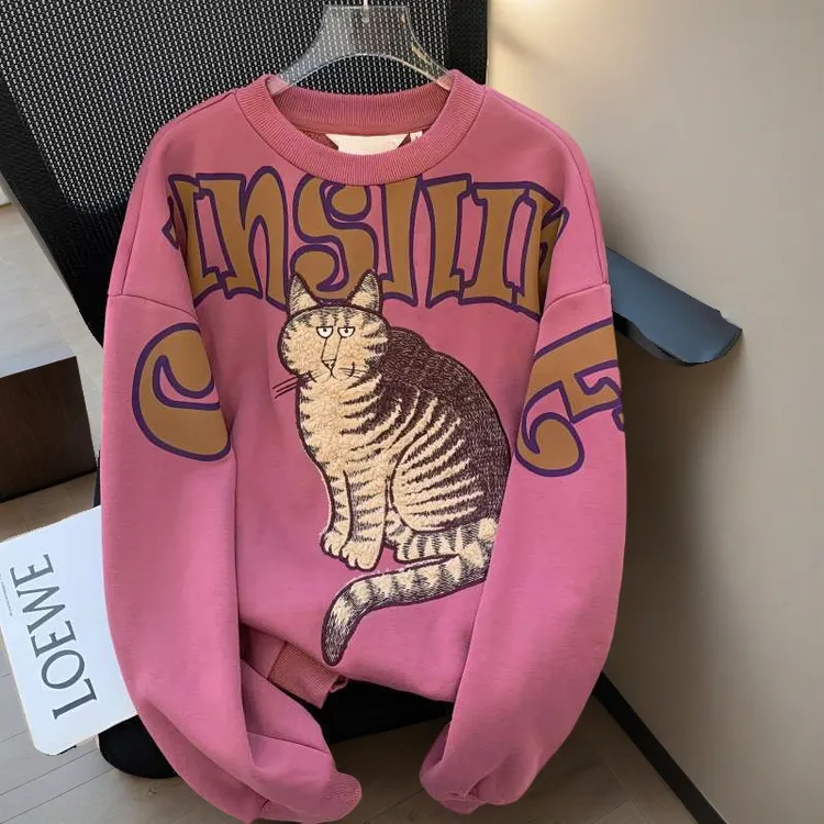 炸街港味个性猫咪涂鸦加绒卫衣秋冬气质时髦宽松百搭情侣超酷上衣