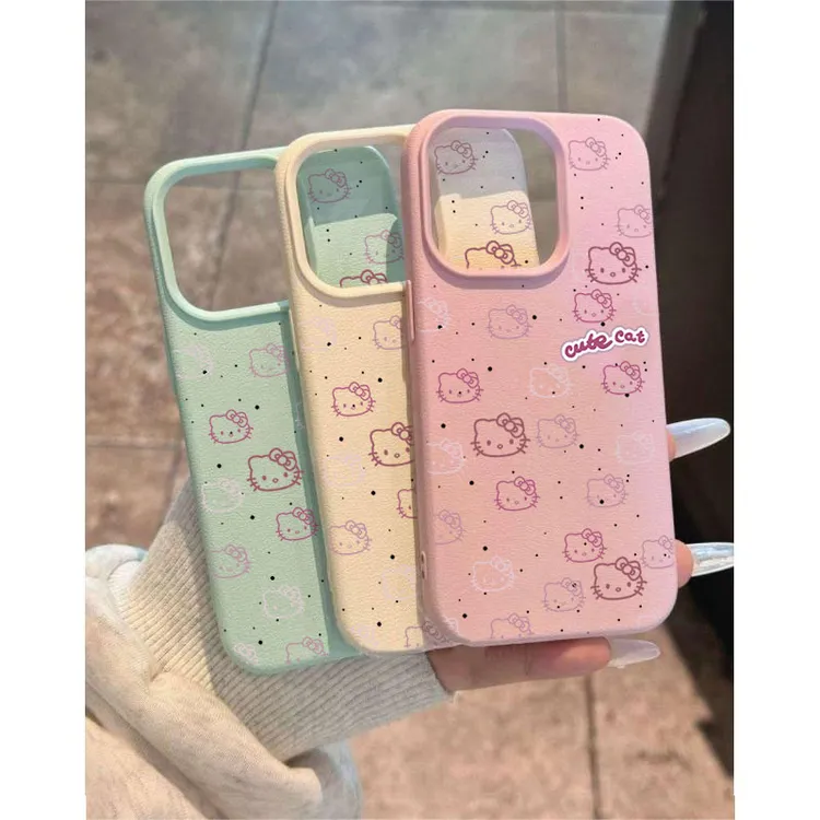 可爱线条KT猫适用苹果16p/15手机壳iPhone14promax13荔枝纹12软11