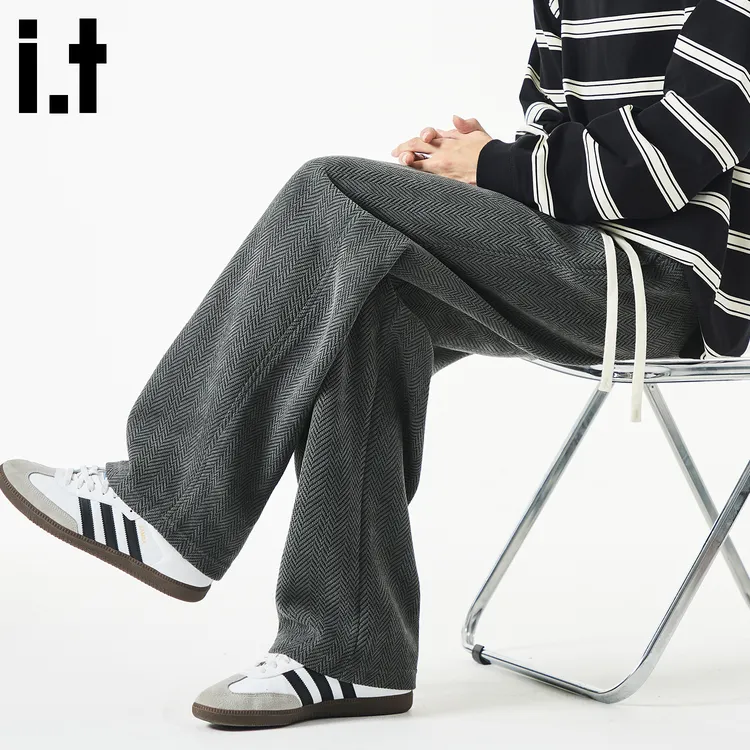 it: CHOCOOLATE复古麦穗纹百搭休闲裤男士秋冬新款宽松垂感直筒裤