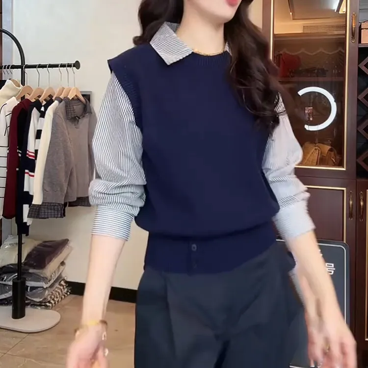 2025新款假两件针织衫拼接条纹长袖上衣休闲polo衫女士LK2506491