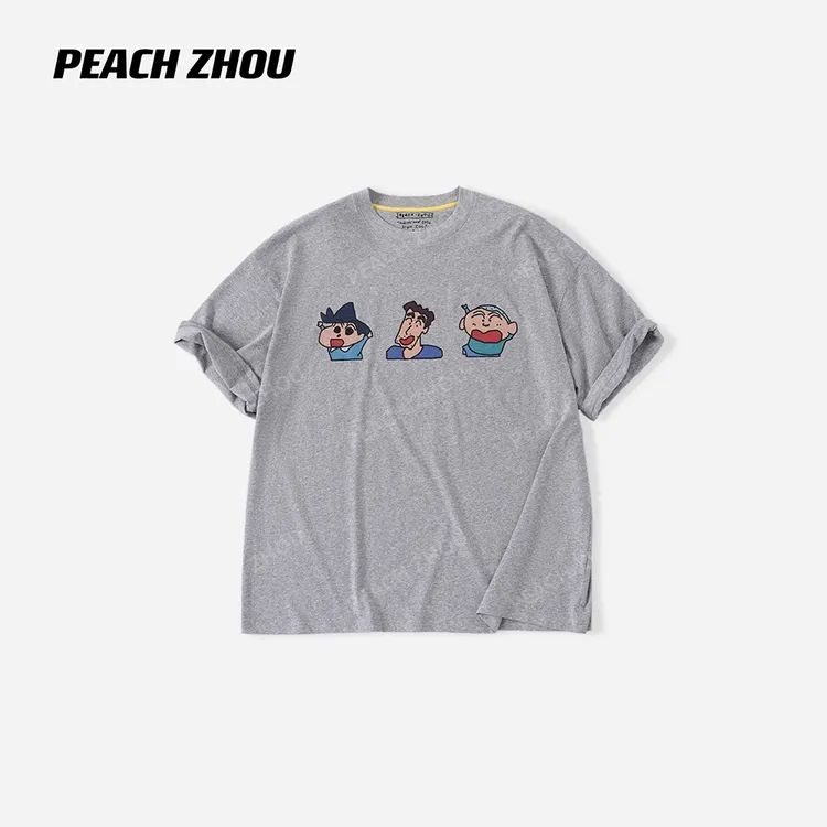 PEACHZHOU 蜡笔小新卡通印花宽松圆领短袖减龄休闲男女款廓形T恤