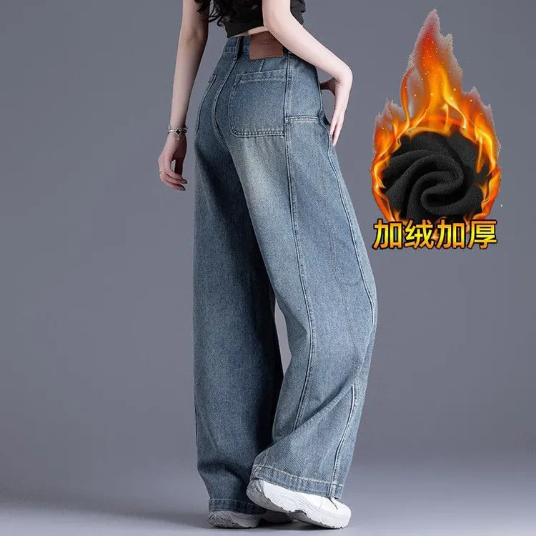 美式复古弯刀牛仔裤女2025加绒加厚高腰宽松阔腿裤小个子镰刀裤子