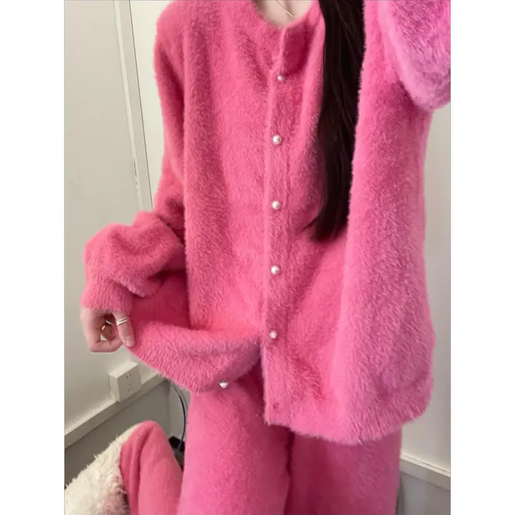 粉色多巴胺风针织半边绒睡衣女秋冬季新款加厚保暖家居服套装外穿