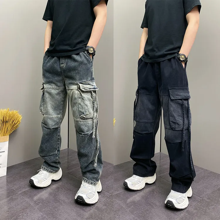 2025秋冬新款潮流大口袋工装牛仔裤男美式高街怀旧痞帅弯刀直筒裤