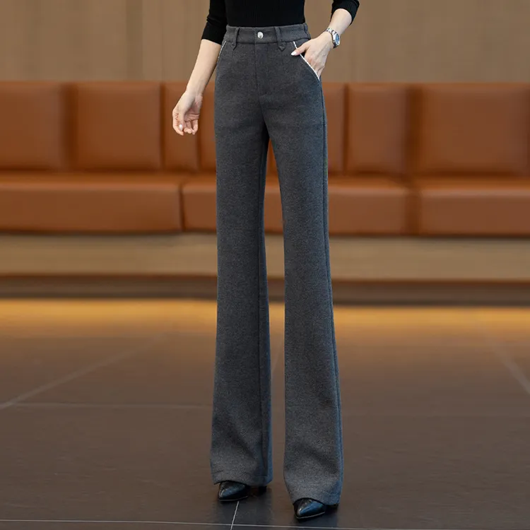 醋酸羊毛微喇裤女士2025秋冬新款高腰显瘦保暖不贴腿毛呢喇叭裤子