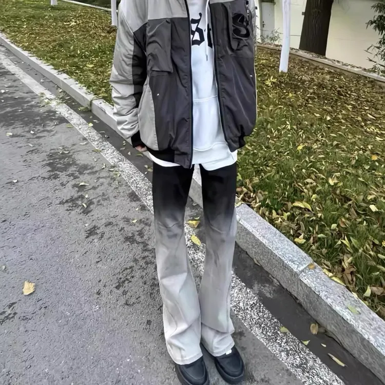 美式高街水洗渐层色飘带微喇叭牛仔裤男百搭堆积显腿长修身直筒裤