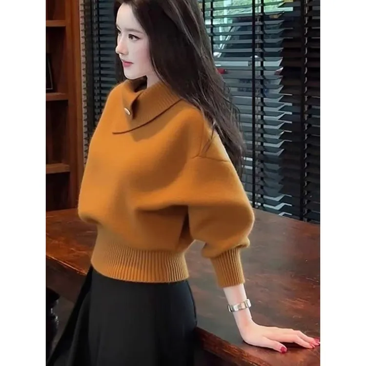 秋冬韩系淡人高知老钱风轻熟设计感软糯慵懒橘色高领打底针织衫女