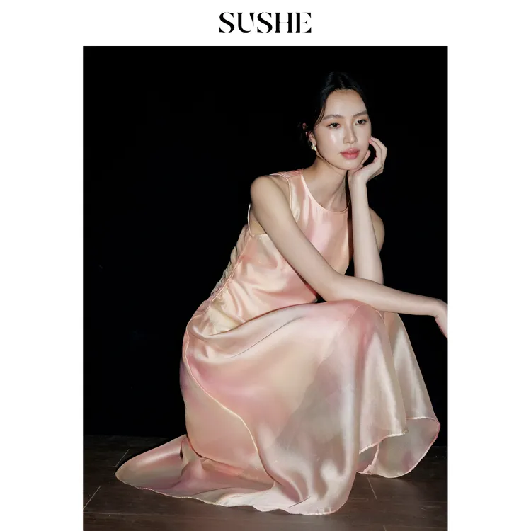 束皙SUSHE浮灼浪漫主义渐变长款薄纱无袖收腰长裙防透连衣裙女