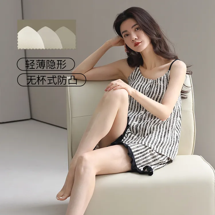 带胸垫无袖吊带睡衣女短裤棉纱纯棉薄款女士性感家居服可外穿