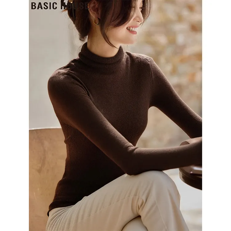Basic House/百家好咖色高领绵羊毛针织衫修身内搭打底衫女2025冬