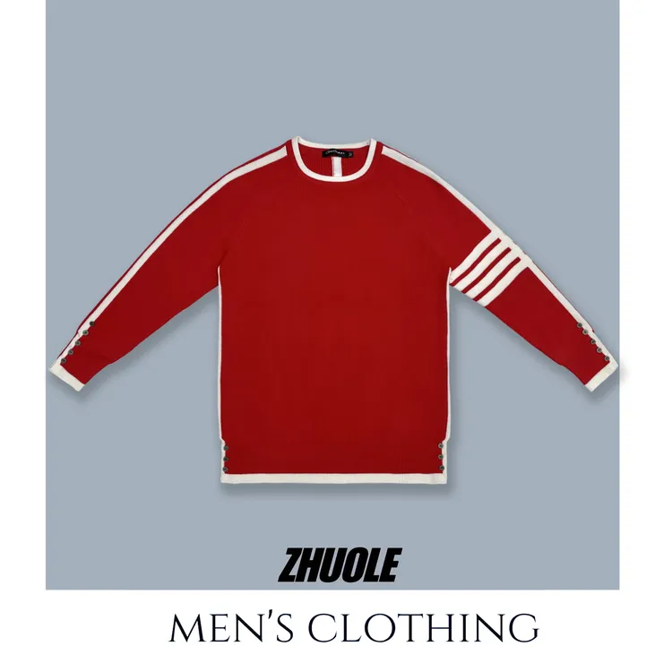 时尚休闲长袖毛衣轻奢针织带杠圆领套头上衣红色被织带毛衣66167