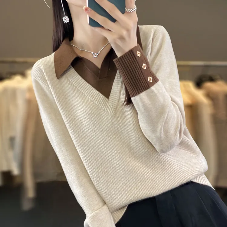 微胖mm秋冬大码衬衫领毛衣女遮肚子显瘦假两件上衣内搭针织打底衫