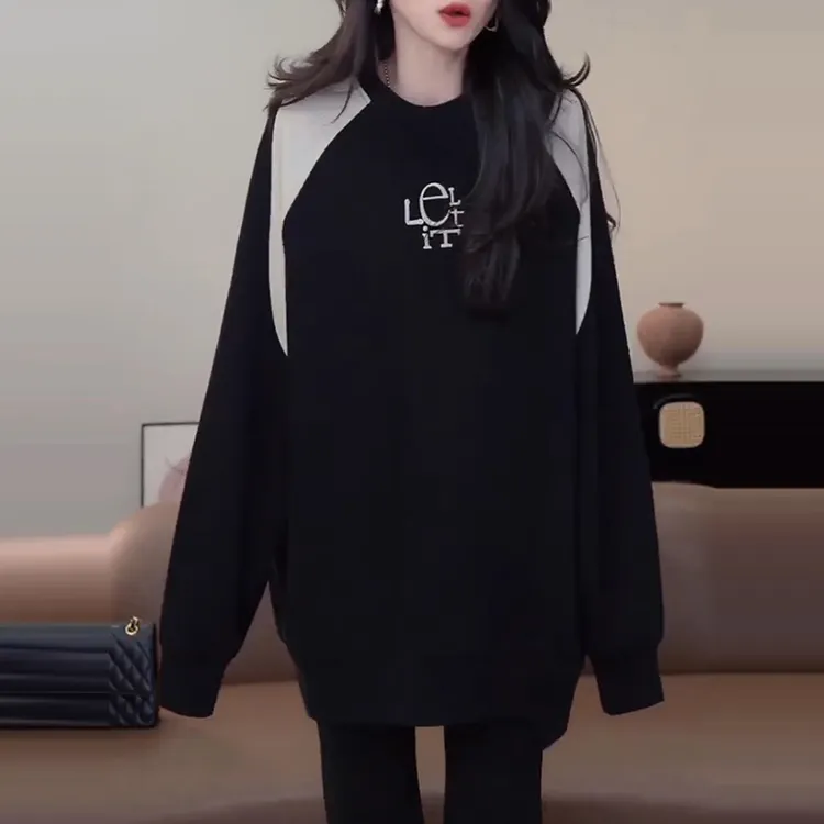 痞帅炸街风女装秋冬新款拼接撞色圆领长袖卫衣宽松显瘦时髦上衣潮