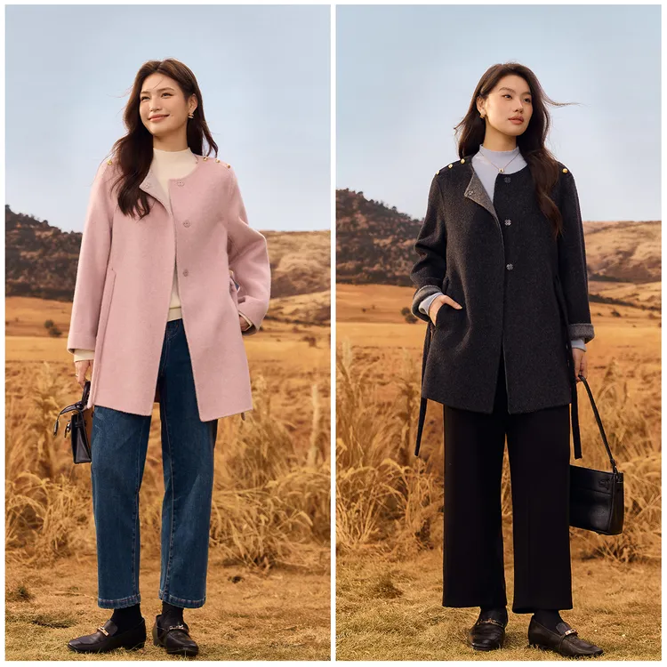 【暖岚】纤莉秀V大码女装流光风100绵羊毛慵懒收腰毛呢外套QK3043