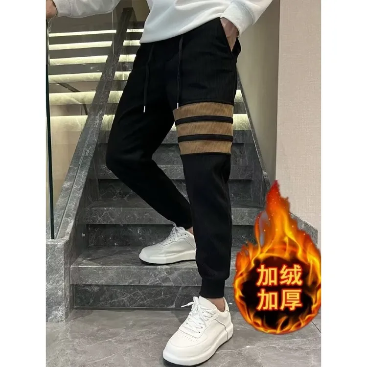秋冬季时尚新款男士百搭灯芯绒条纹拼接撞色休闲裤裤子男款秋冬款