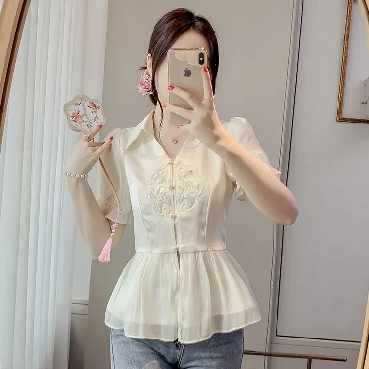 国风刺绣衬衫短袖女2024新款夏季爆款小衫收腰遮肚子中式雪纺上衣